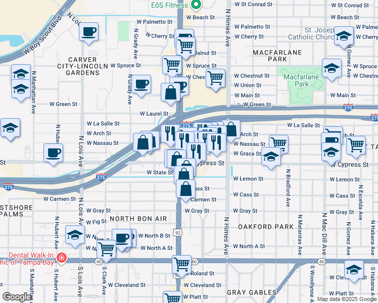 map of restaurants, bars, coffee shops, grocery stores, and more near 3740 Midtown Drive in Tampa