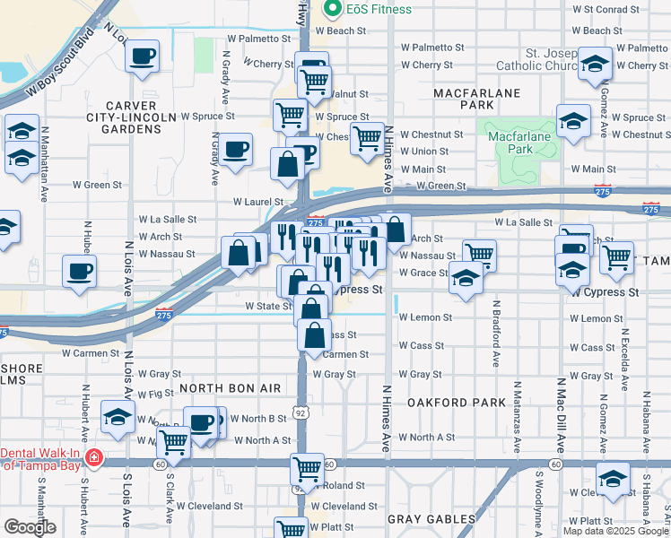 map of restaurants, bars, coffee shops, grocery stores, and more near 3730 Midtown Drive in Tampa