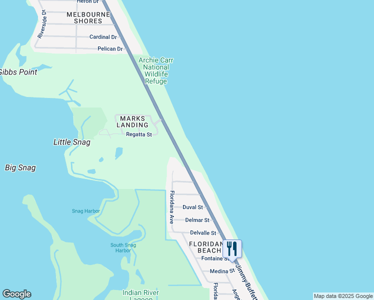 map of restaurants, bars, coffee shops, grocery stores, and more near 6345 South Highway A1A in Melbourne Beach