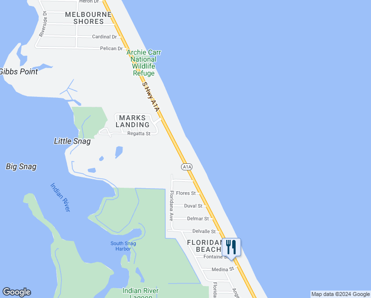 map of restaurants, bars, coffee shops, grocery stores, and more near 6345 South Highway A1A in Melbourne Beach