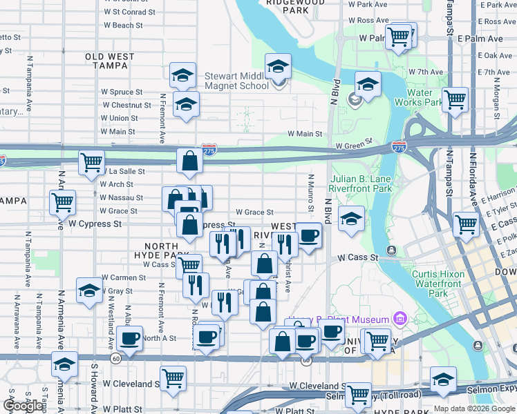 map of restaurants, bars, coffee shops, grocery stores, and more near 1304 West Grace Street in Tampa