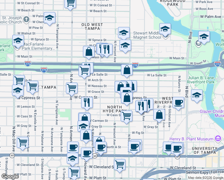 map of restaurants, bars, coffee shops, grocery stores, and more near 1006 North Fremont Avenue in Tampa