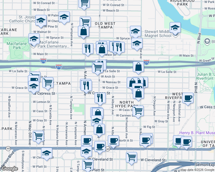 map of restaurants, bars, coffee shops, grocery stores, and more near 2128 West Grace Street in Tampa