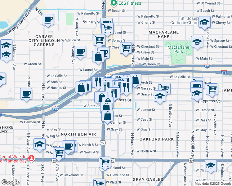 map of restaurants, bars, coffee shops, grocery stores, and more near 3724 West Grace Street in Tampa