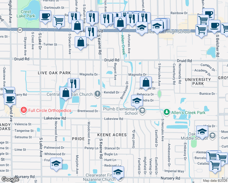 map of restaurants, bars, coffee shops, grocery stores, and more near 1824 Meadow Lane in Clearwater
