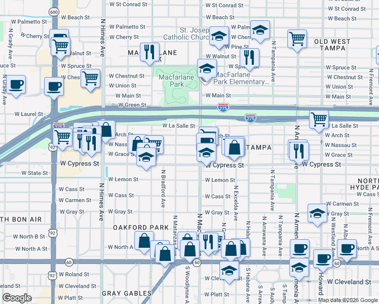 map of restaurants, bars, coffee shops, grocery stores, and more near 3108 West Grace Street in Tampa