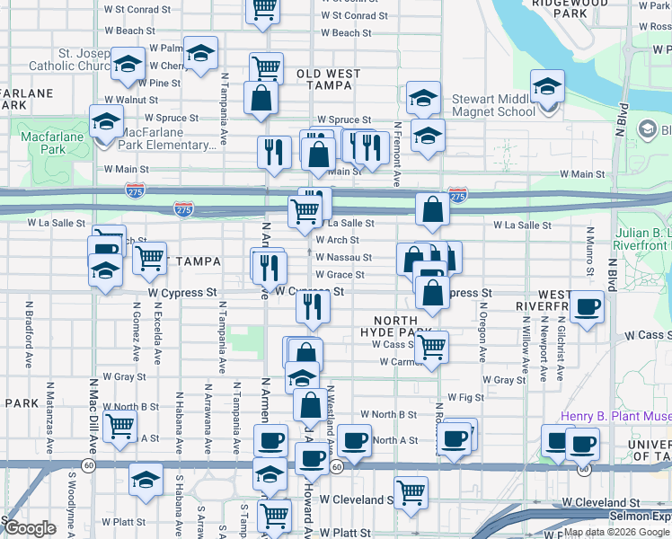 map of restaurants, bars, coffee shops, grocery stores, and more near 2128 West Grace Street in Tampa