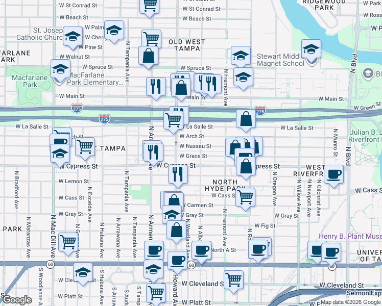 map of restaurants, bars, coffee shops, grocery stores, and more near 2109 West Grace Street in Tampa
