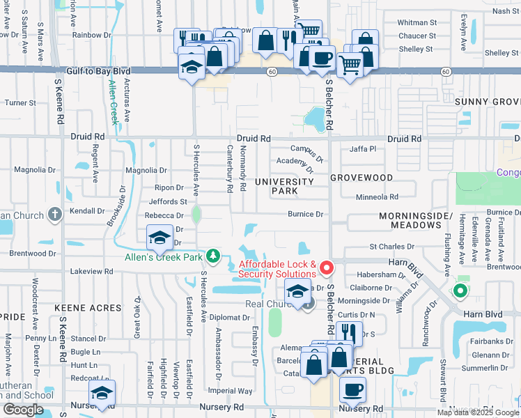 map of restaurants, bars, coffee shops, grocery stores, and more near 2099 Burnice Drive in Clearwater