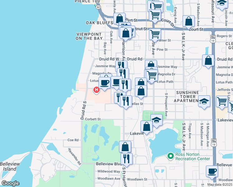 map of restaurants, bars, coffee shops, grocery stores, and more near 430 Morton Plant Street in Clearwater