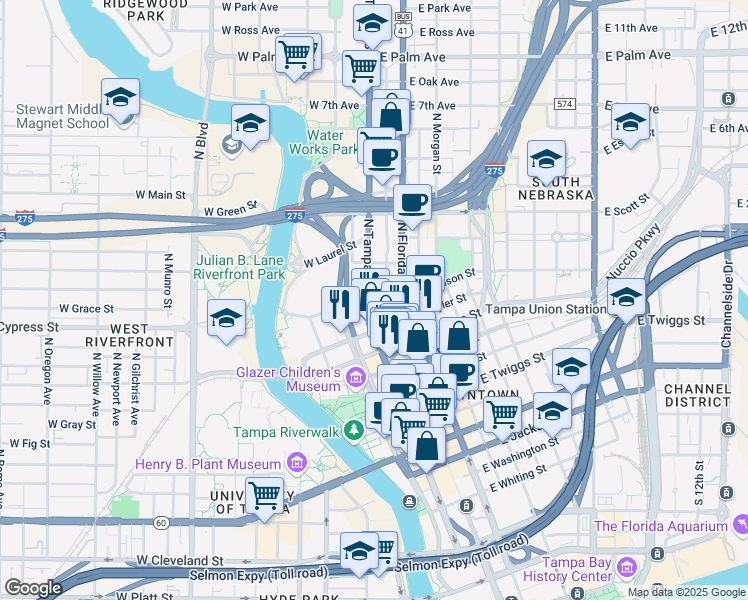 map of restaurants, bars, coffee shops, grocery stores, and more near 1105 North Tampa Street in Tampa