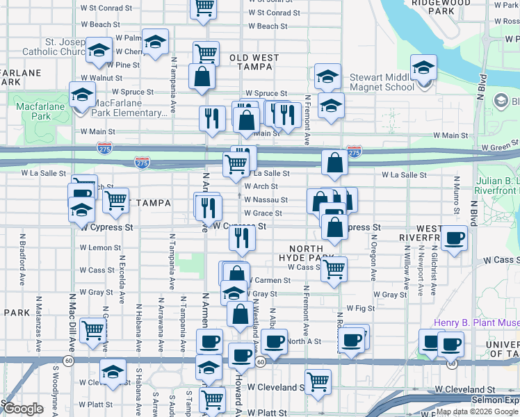 map of restaurants, bars, coffee shops, grocery stores, and more near 2109 West Grace Street in Tampa