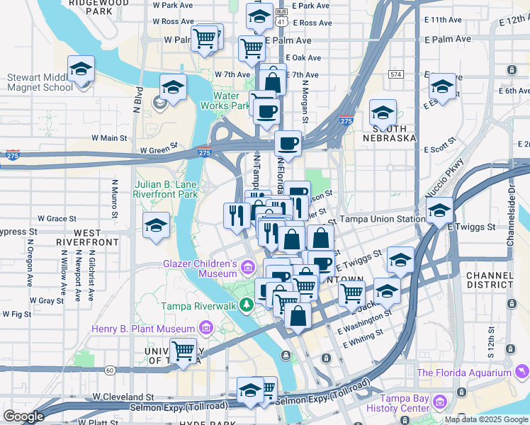 map of restaurants, bars, coffee shops, grocery stores, and more near 1005 North Tampa Street in Tampa