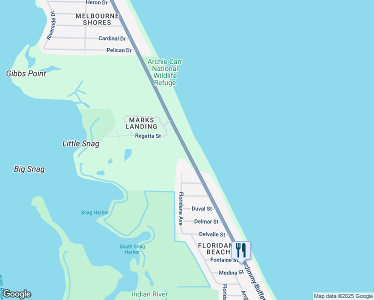 map of restaurants, bars, coffee shops, grocery stores, and more near 6225 South Highway A1A in Melbourne Beach