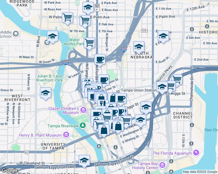 map of restaurants, bars, coffee shops, grocery stores, and more near 503 East Tyler Street in Tampa