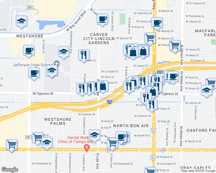 map of restaurants, bars, coffee shops, grocery stores, and more near 4107 West Grace Street in Tampa