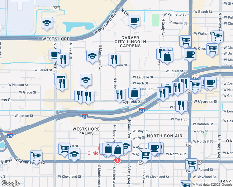 map of restaurants, bars, coffee shops, grocery stores, and more near 4217 West Cypress Street in Tampa