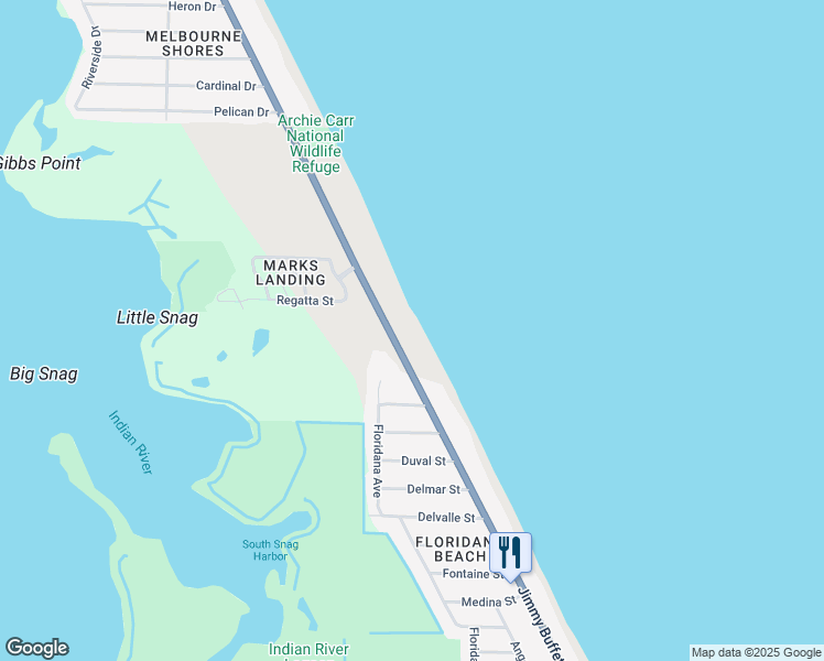 map of restaurants, bars, coffee shops, grocery stores, and more near 6307 South Highway A1A in Melbourne Beach