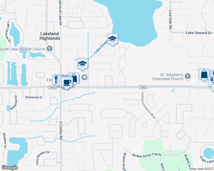 map of restaurants, bars, coffee shops, grocery stores, and more near 6141 Donegal West in Lakeland