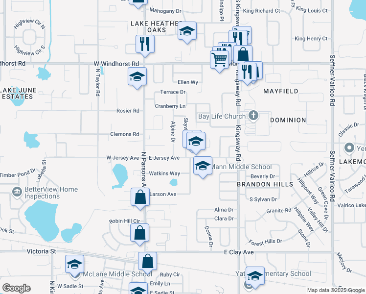 map of restaurants, bars, coffee shops, grocery stores, and more near 908 Skyview Drive in Brandon