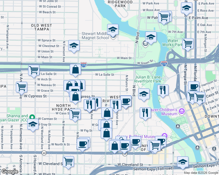 map of restaurants, bars, coffee shops, grocery stores, and more near 1114 West Grace Street in Tampa