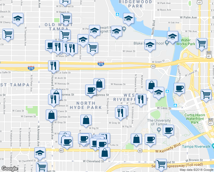 map of restaurants, bars, coffee shops, grocery stores, and more near 1324 West Grace Street in Tampa