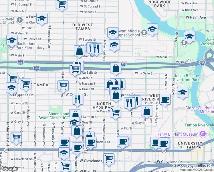 map of restaurants, bars, coffee shops, grocery stores, and more near 1006 North Fremont Avenue in Tampa