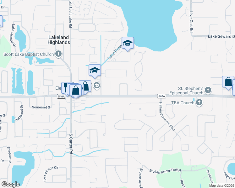 map of restaurants, bars, coffee shops, grocery stores, and more near 6141 Donegal West in Lakeland