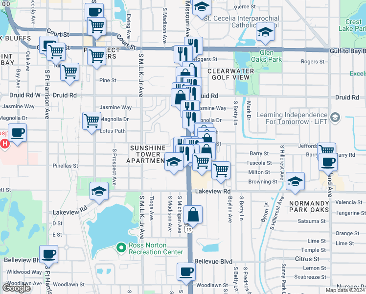 map of restaurants, bars, coffee shops, grocery stores, and more near 1250 South Missouri Avenue in Clearwater