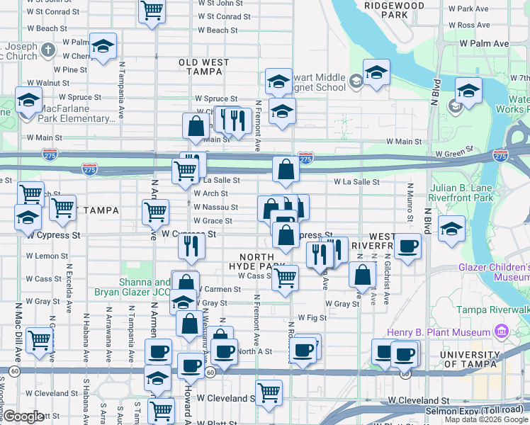 map of restaurants, bars, coffee shops, grocery stores, and more near 1006 North Fremont Avenue in Tampa