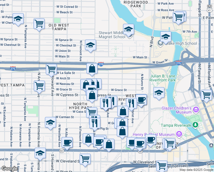 map of restaurants, bars, coffee shops, grocery stores, and more near 1324 West Grace Street in Tampa