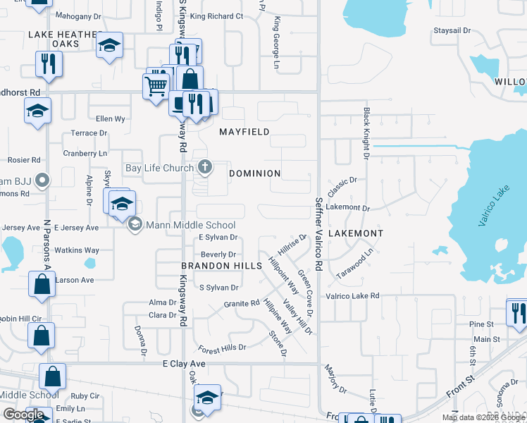 map of restaurants, bars, coffee shops, grocery stores, and more near 1036 Malletwood Drive in Brandon