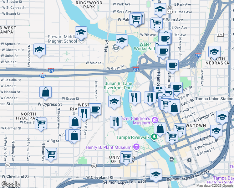 map of restaurants, bars, coffee shops, grocery stores, and more near 1301 East North Bay Street in Tampa