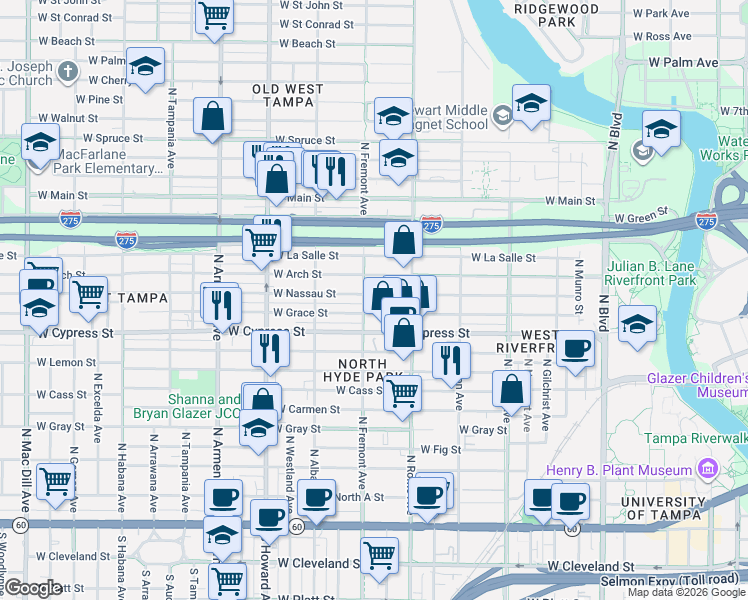 map of restaurants, bars, coffee shops, grocery stores, and more near 1902 West Arch Street in Tampa