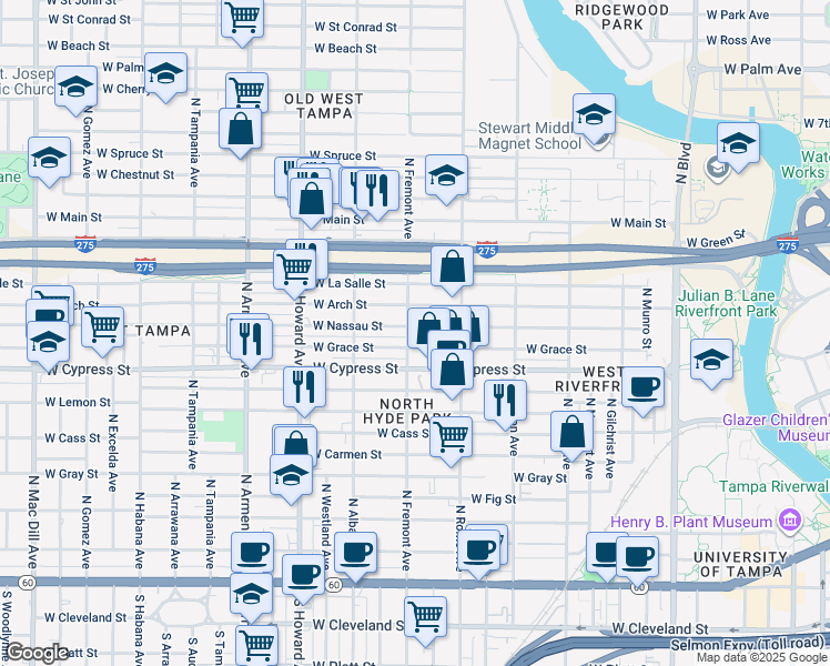 map of restaurants, bars, coffee shops, grocery stores, and more near 1724 West Nassau Street in Tampa