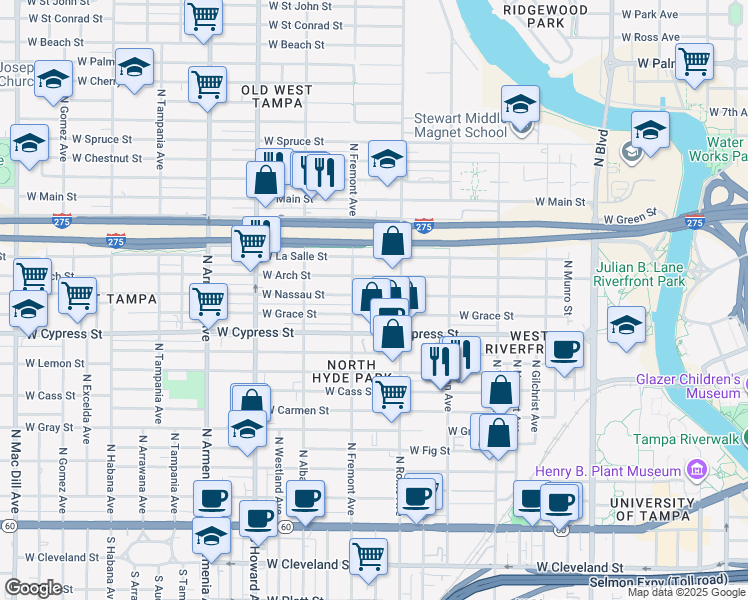 map of restaurants, bars, coffee shops, grocery stores, and more near 1710 West Arch Street in Tampa