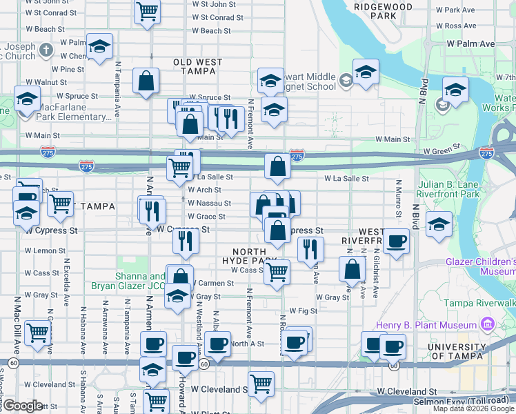 map of restaurants, bars, coffee shops, grocery stores, and more near 1902 West Arch Street in Tampa