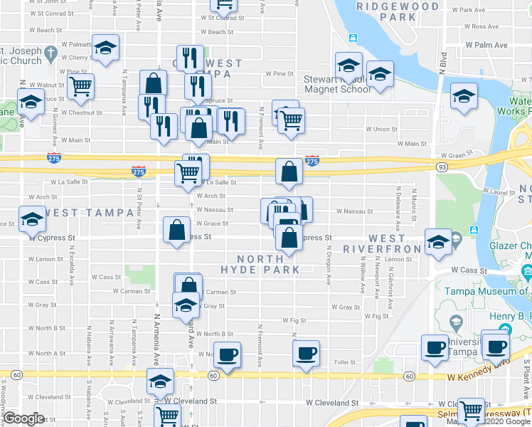 map of restaurants, bars, coffee shops, grocery stores, and more near 1902 West Arch Street in Tampa
