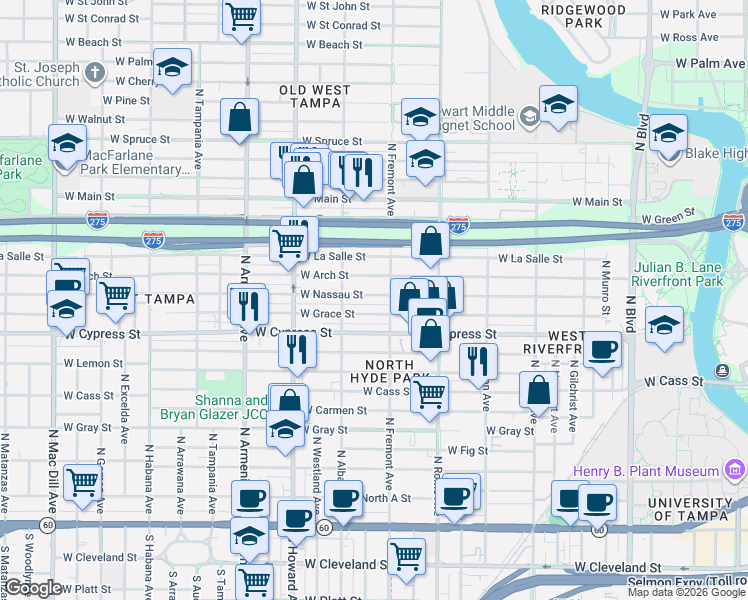 map of restaurants, bars, coffee shops, grocery stores, and more near 1902 West Arch Street in Tampa