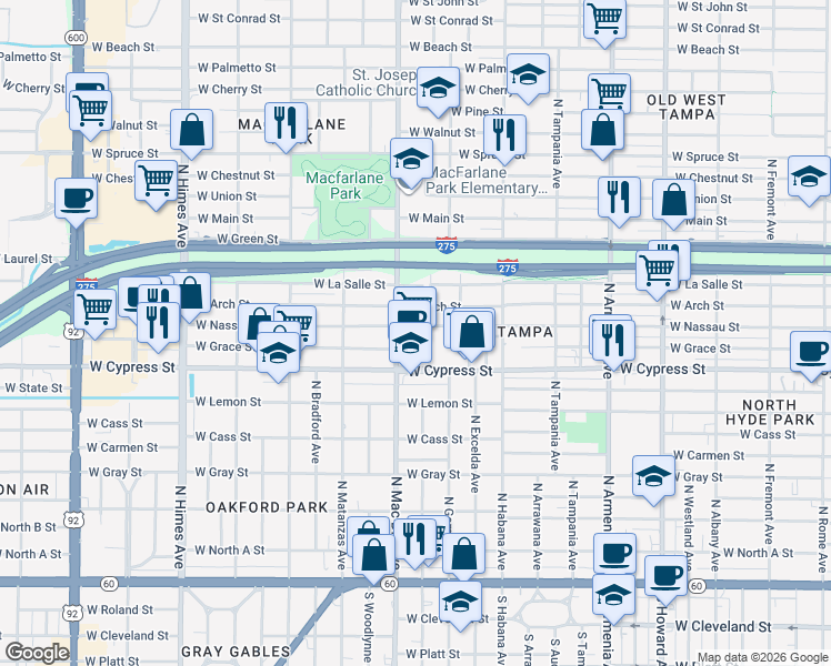 map of restaurants, bars, coffee shops, grocery stores, and more near 3016 West Arch Street in Tampa