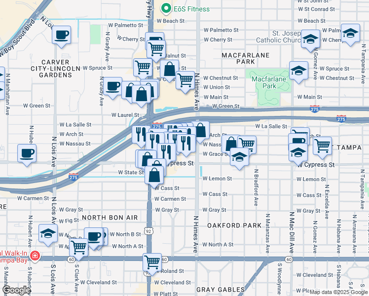 map of restaurants, bars, coffee shops, grocery stores, and more near 3514 West Arch Street in Tampa