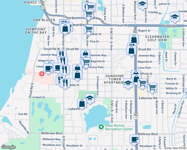map of restaurants, bars, coffee shops, grocery stores, and more near 1107 South Myrtle Avenue in Clearwater