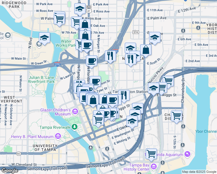 map of restaurants, bars, coffee shops, grocery stores, and more near 1009 Pierce Street in Tampa