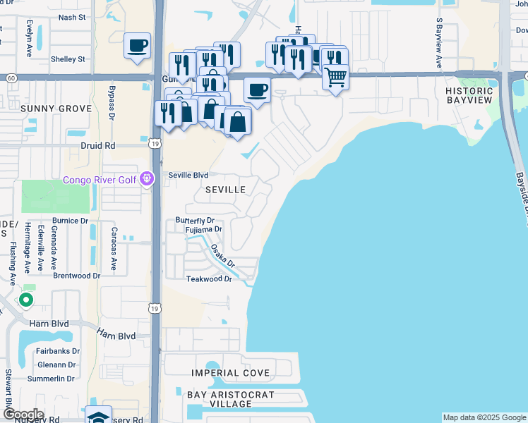 map of restaurants, bars, coffee shops, grocery stores, and more near 7 Seville Boulevard in Clearwater