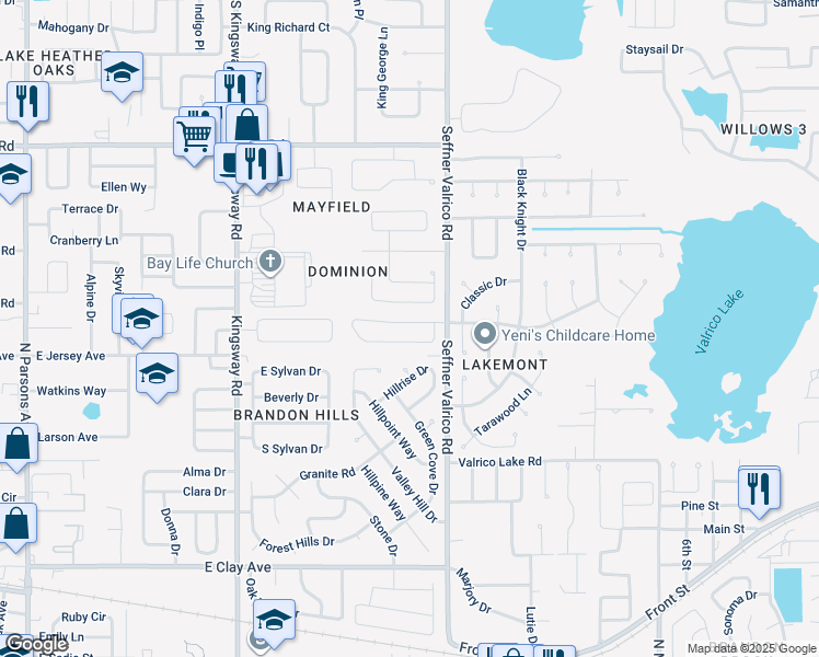 map of restaurants, bars, coffee shops, grocery stores, and more near 614 Lakemont Drive in Brandon