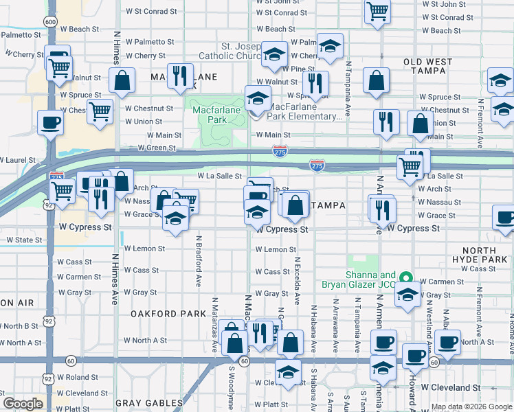 map of restaurants, bars, coffee shops, grocery stores, and more near 3016 West Arch Street in Tampa
