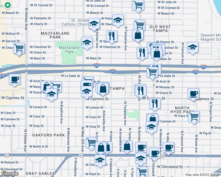 map of restaurants, bars, coffee shops, grocery stores, and more near 2904 West Arch Street in Tampa