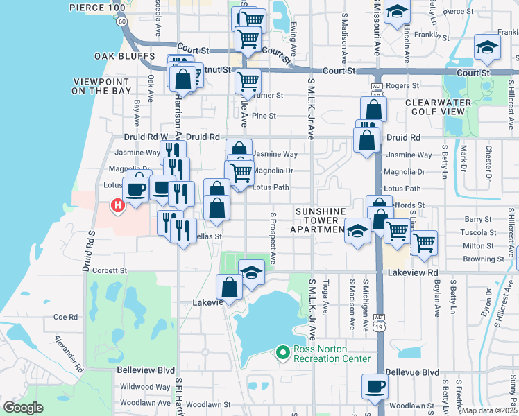 map of restaurants, bars, coffee shops, grocery stores, and more near 1107 South Myrtle Avenue in Clearwater