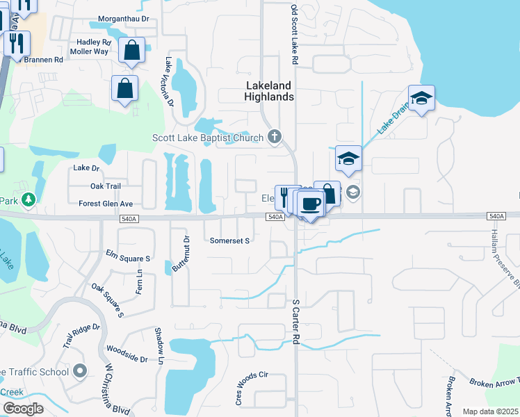 map of restaurants, bars, coffee shops, grocery stores, and more near 845 Morningview Court in Lakeland