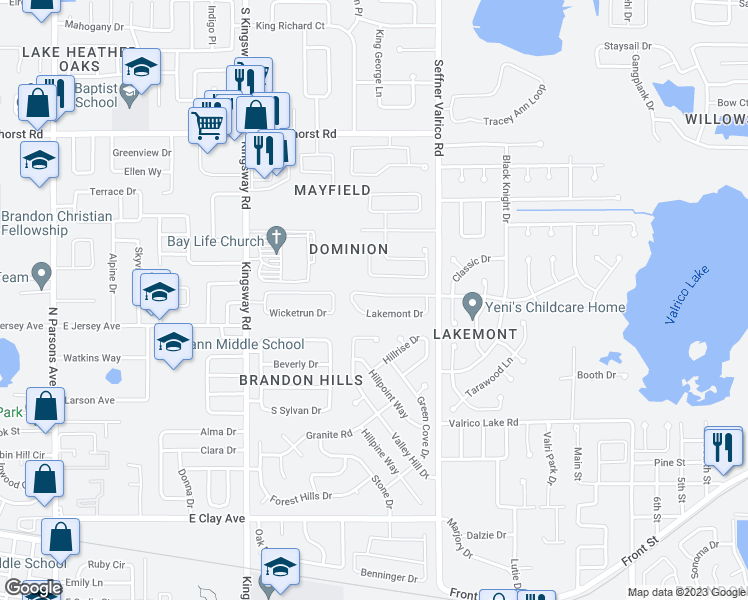 map of restaurants, bars, coffee shops, grocery stores, and more near 626 Lakemont Drive in Brandon